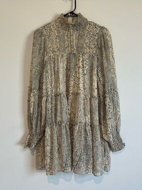 VICI Smocked High-Neck Long sleeve  Dress - Cream & Black & Gold- Medium